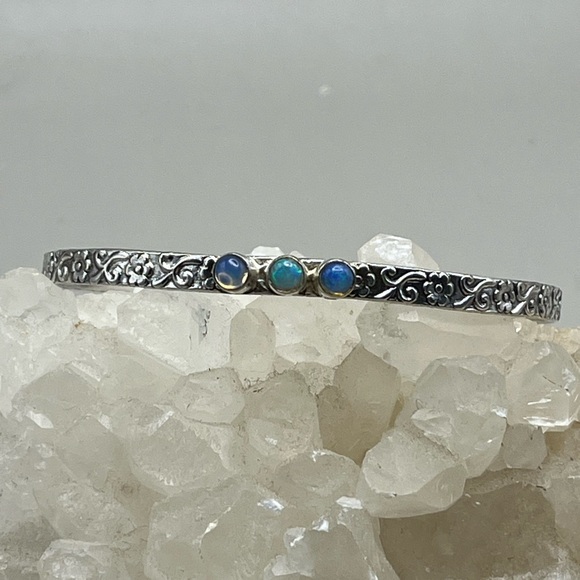 Elegant Sterling Silver Bracelet with Blue Opal Gemstone Accents - Picture 3 of 6